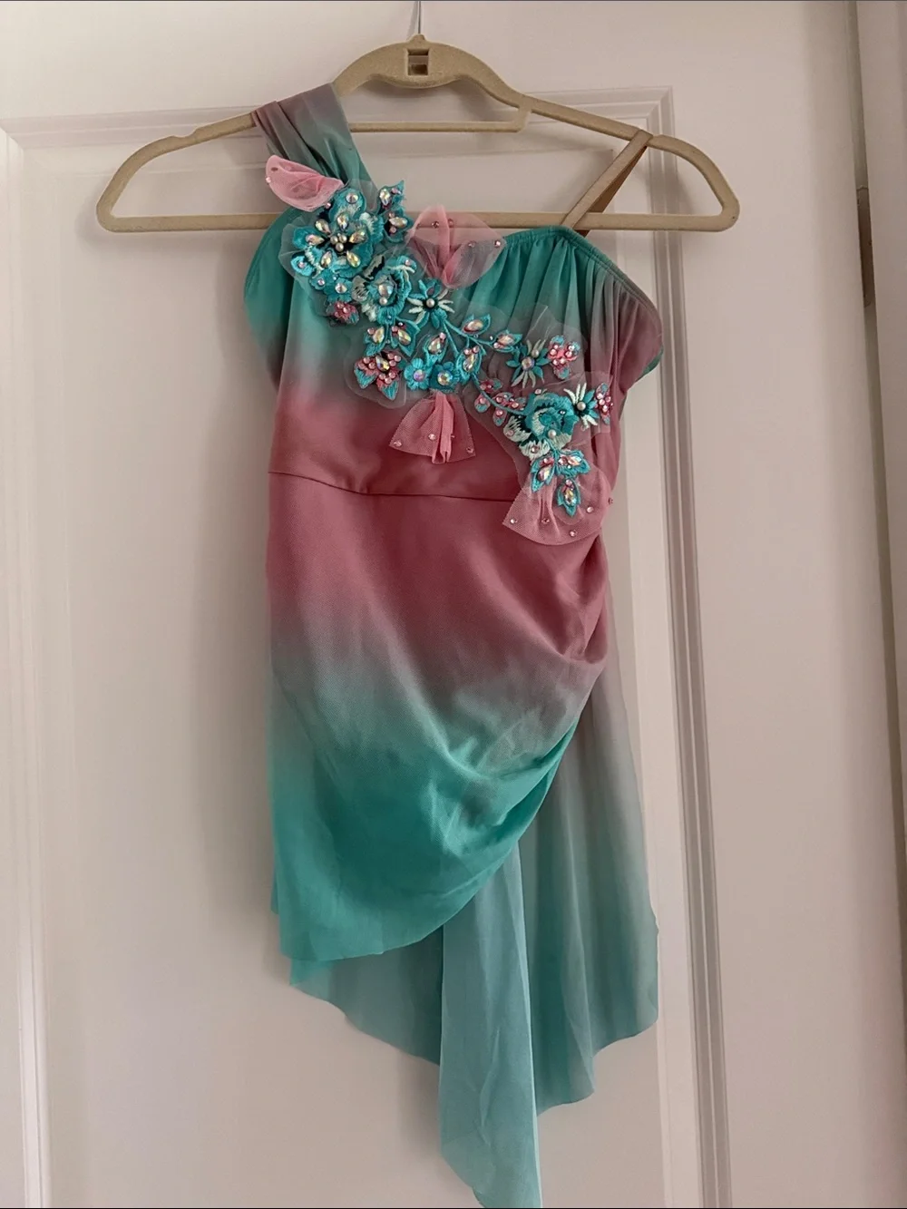 Girls One-Shoulder Teal & Pink Dance Costume with Floral Appliqué